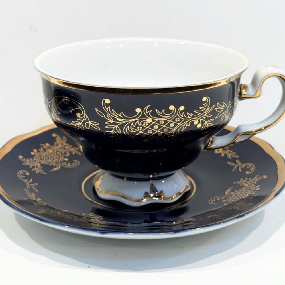 Lomonosov "Echt Cobalt" Teacup and Saucer, Cobalt Blue with Fancy Gold Designs